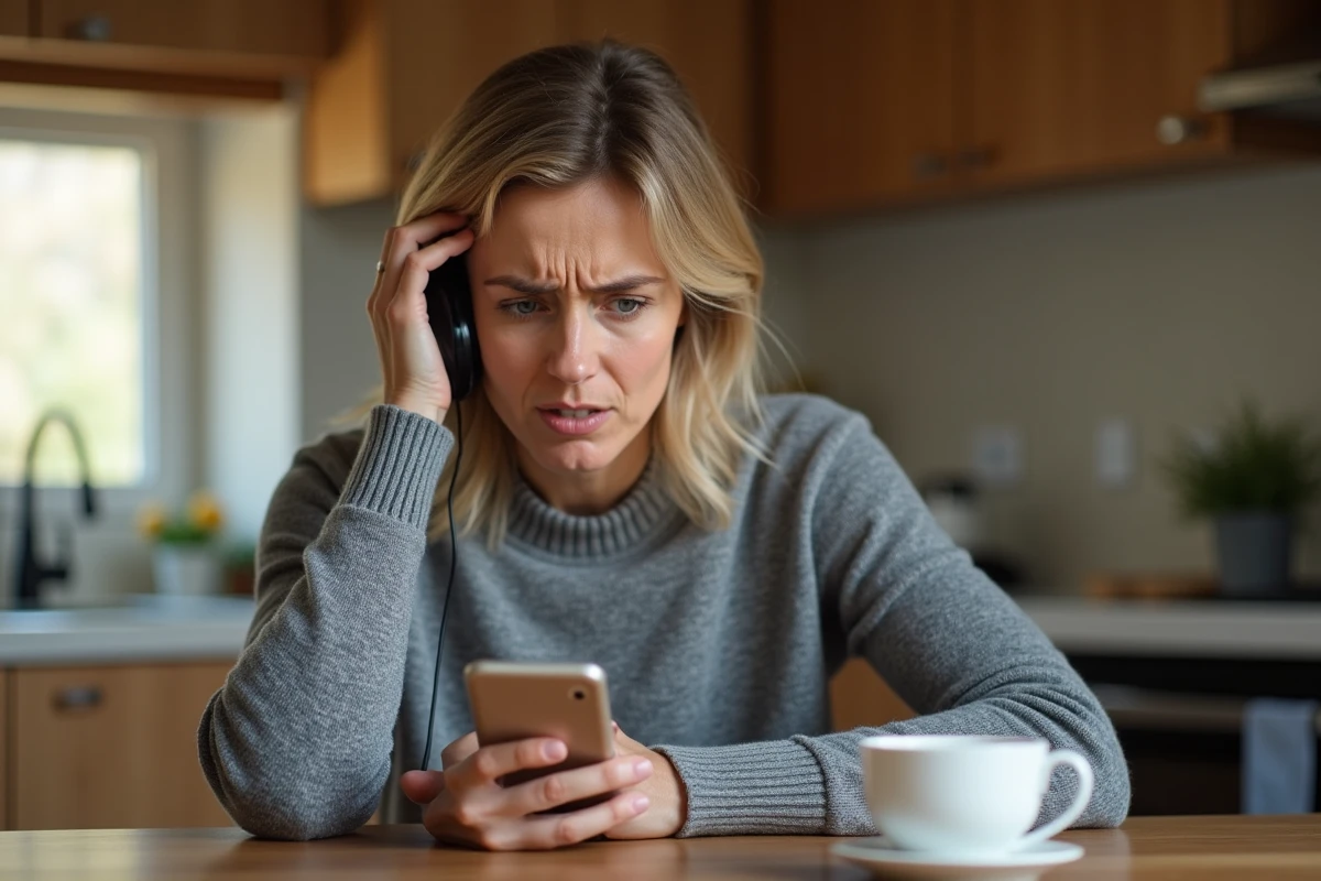 Femme agacée regardant son téléphone sonner, illustrant le harcèlement téléphonique et le démarchage agressif au numéro 0568