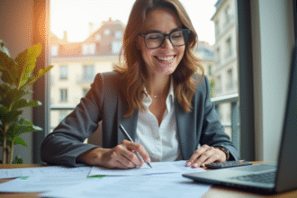 Femme souriante analysant documents locatifs et formulaires fiscaux