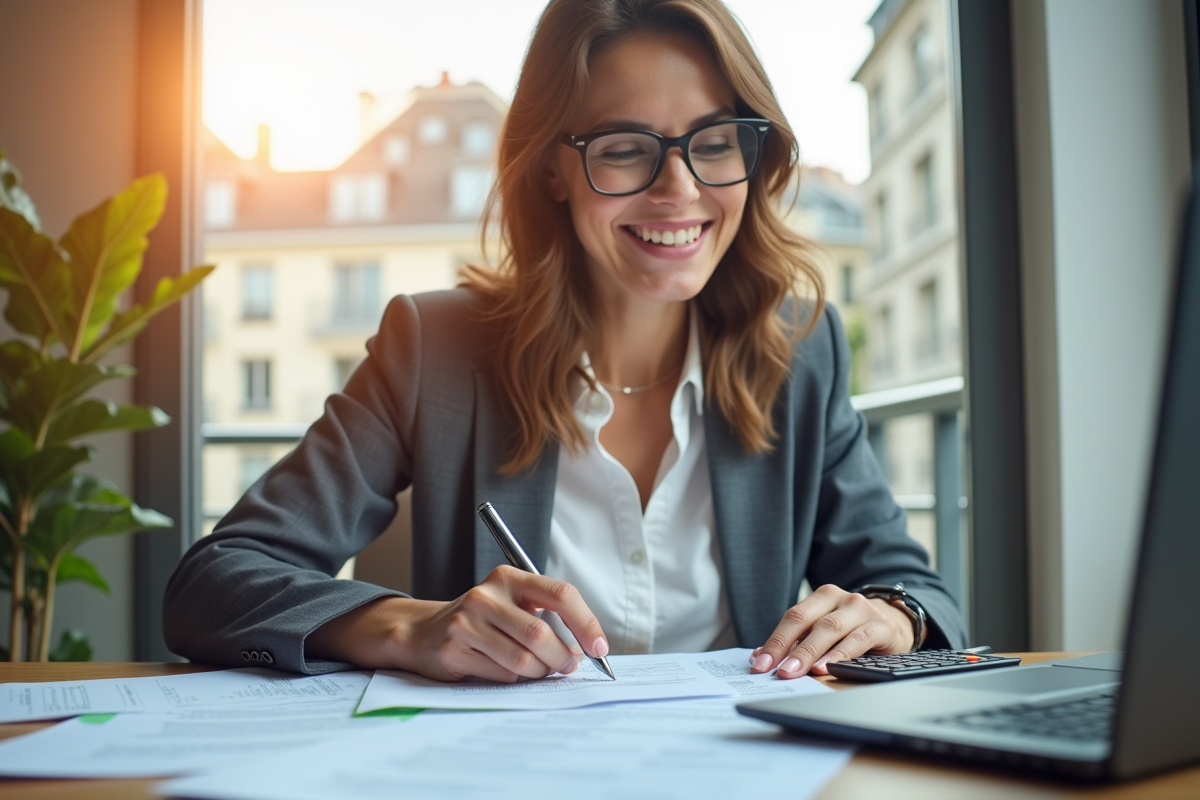 Femme souriante analysant documents locatifs et formulaires fiscaux