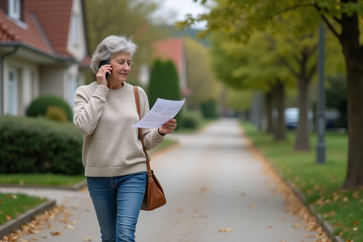 Femme retraitée marchant dans un quartier résidentiel