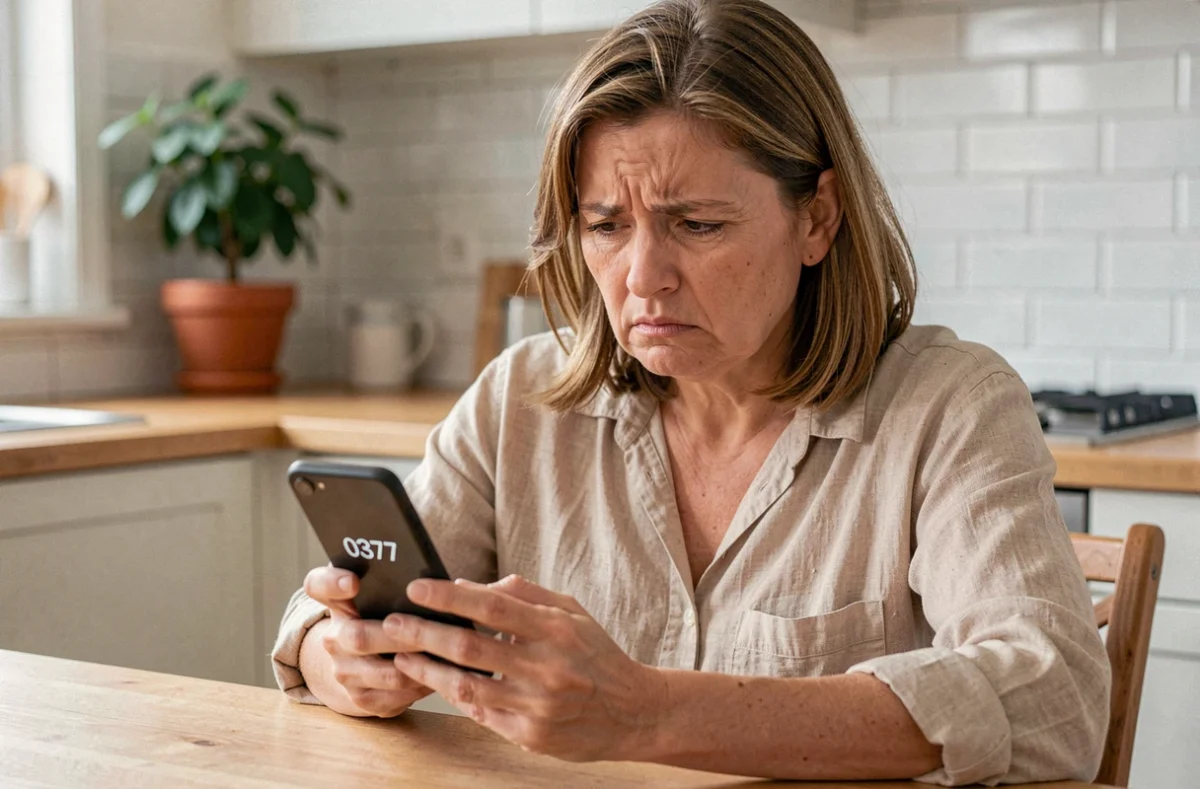 Femme agacée regardant un appel entrant d'un numéro 0377 sur son smartphone dans une cuisine