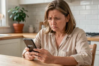 Femme agacée regardant un appel entrant d'un numéro 0377 sur son smartphone dans une cuisine