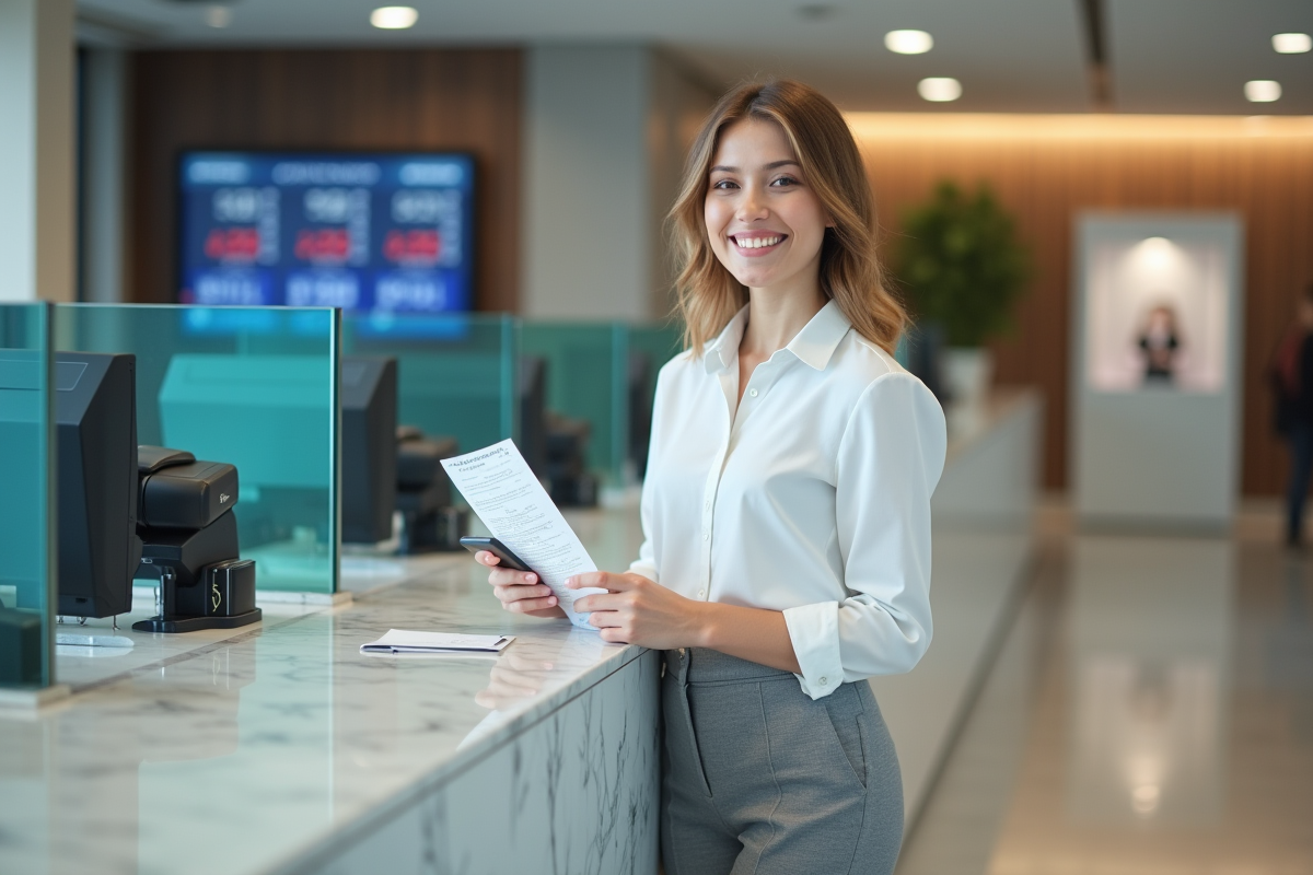 Jeune femme dans une banque utilisant son smartphone