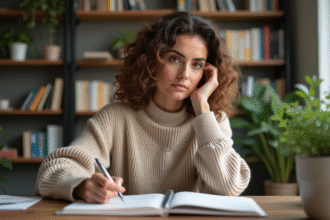 Femme d'âge moyen dans un bureau moderne lisant un carnet