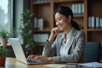 Femme concentrée au bureau avec ordinateur pour article