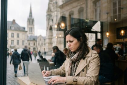 Jeune femme au café à Amiens avec ordinateur et carnet