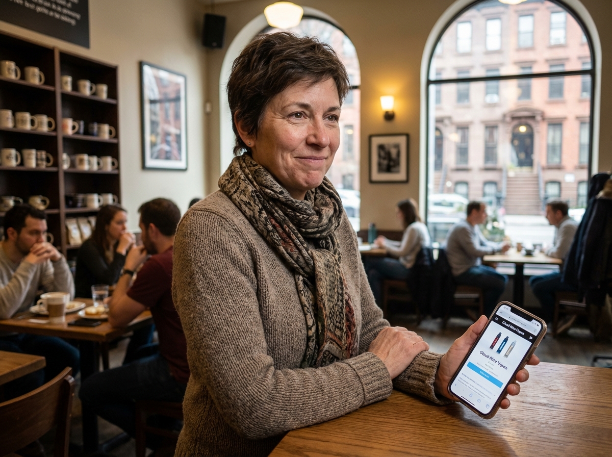 Femme dans un café regardant son smartphone pour acheter du vape