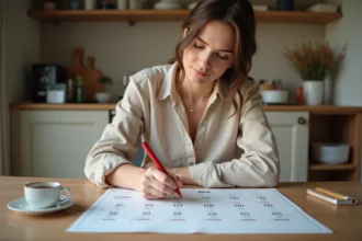 Femme consultant un calendrier 2026 en papier à la maison pour planifier ses jours fériés et congés