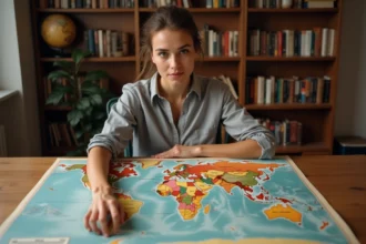 Femme étudiant une grande carte du monde posée sur un bureau en bois dans une bibliothèque