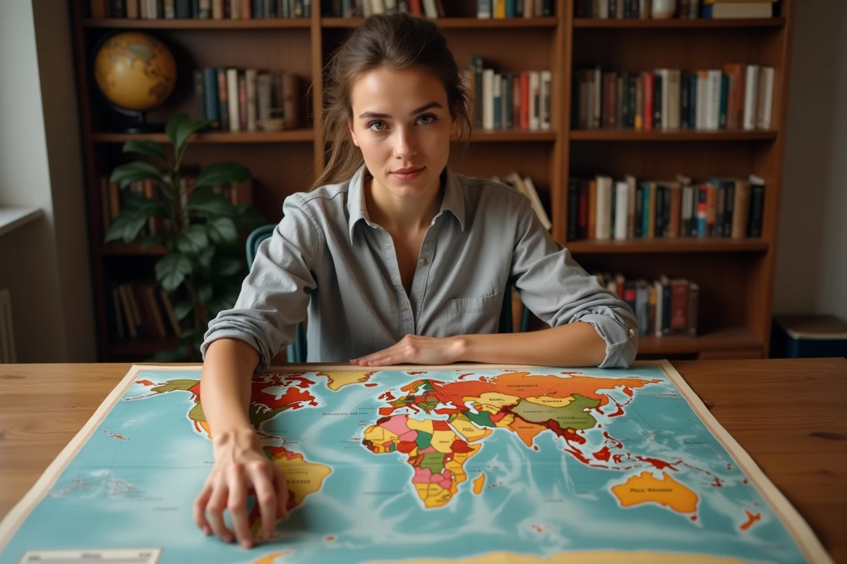 Femme étudiant une grande carte du monde posée sur un bureau en bois dans une bibliothèque