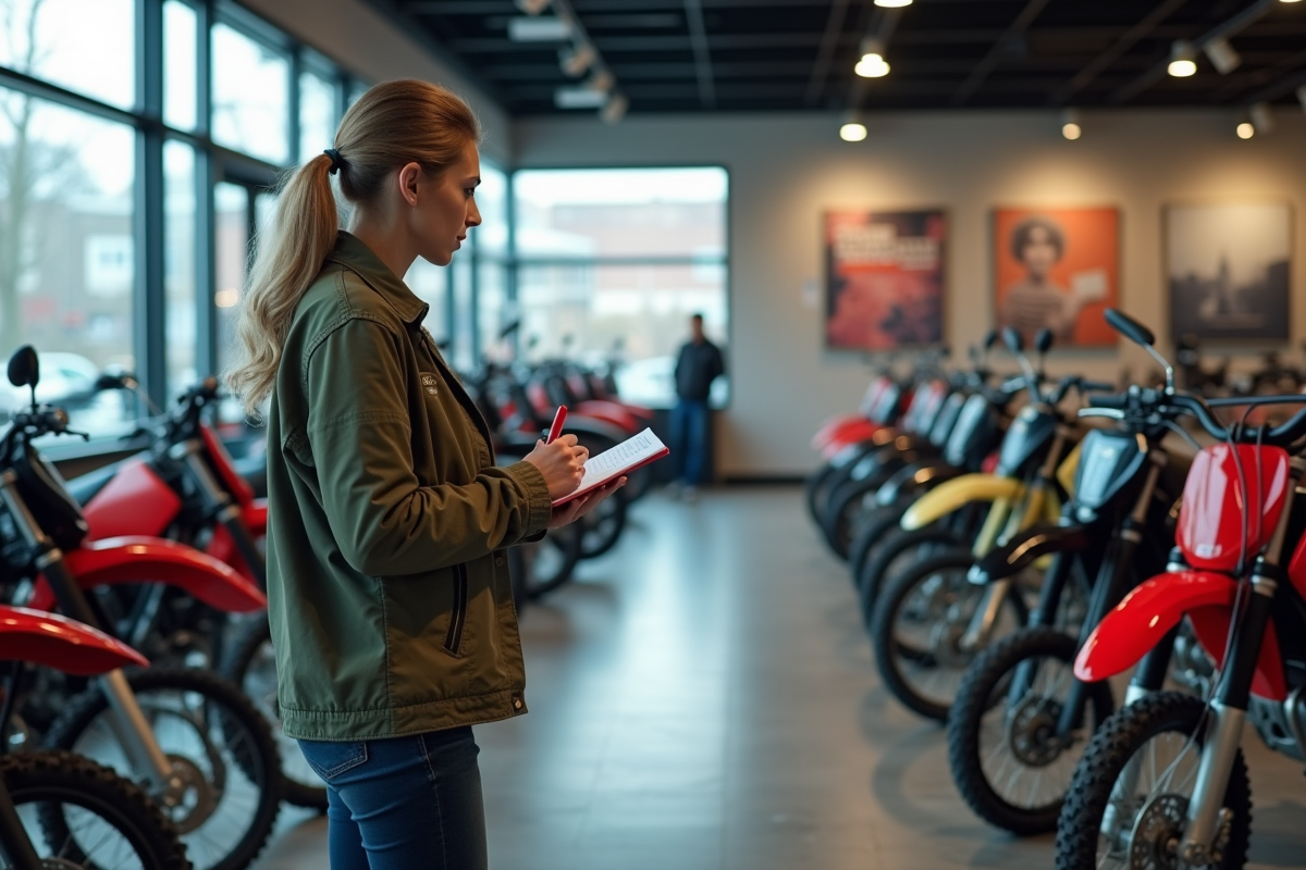 Femme compare les prix des motos 150cc en showroom
