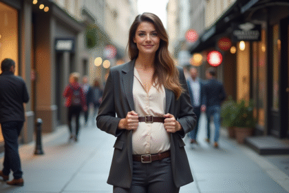 Femme confiante en ville avec tenue élégante et naturelle