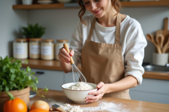 Jeune femme en tablier mélangeant farine sans gluten dans la cuisine