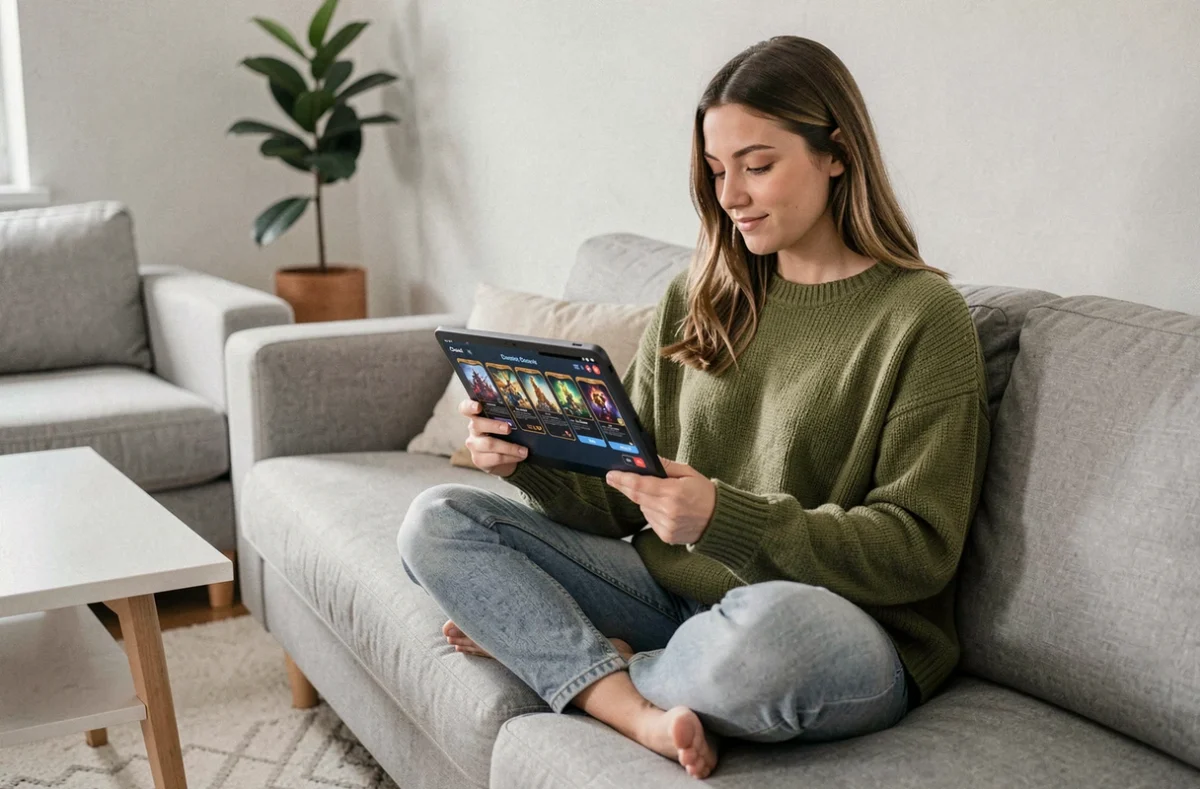 Jeune femme construisant un deck Pokémon Pocket sur tablette dans un salon minimaliste scandinave