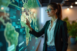 Jeune femme devant un mur digital forêt et blockchain
