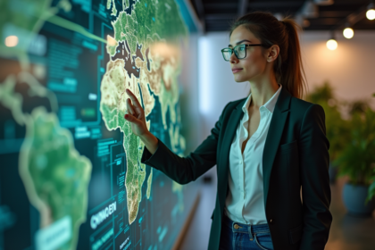 Jeune femme devant un mur digital forêt et blockchain