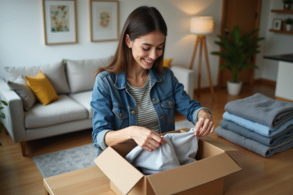 Jeune femme emballant des vêtements dans une boîte dans son salon