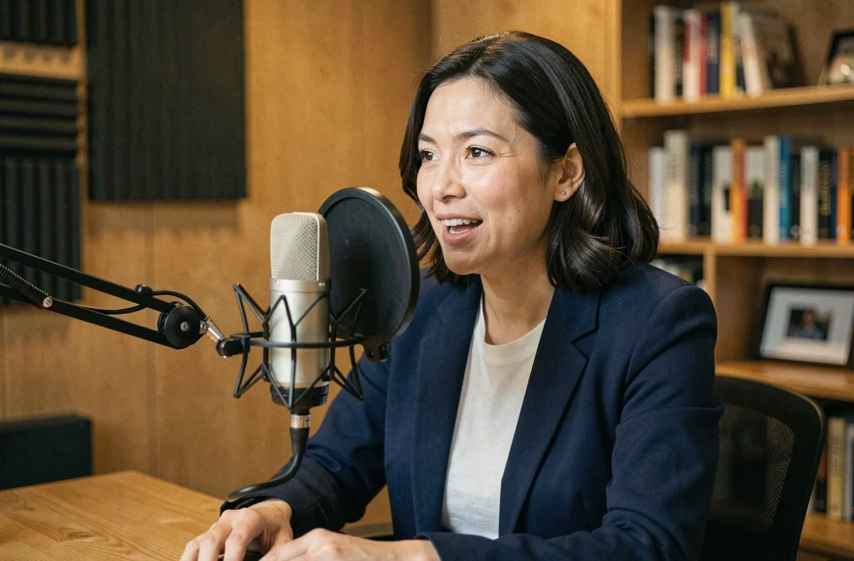 Femme enregistrant un podcast dans un studio maison avec microphone professionnel, illustrant l'univers des chroniqueurs radio et podcast
