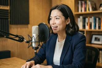 Femme enregistrant un podcast dans un studio maison avec microphone professionnel, illustrant l'univers des chroniqueurs radio et podcast