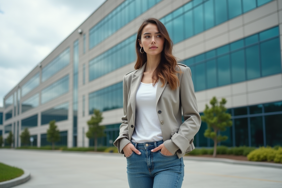 Jeune femme devant centre de donnees en extérieur