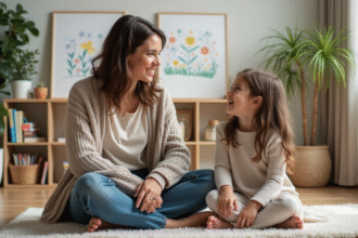 Femme et fille discutent dans un salon chaleureux