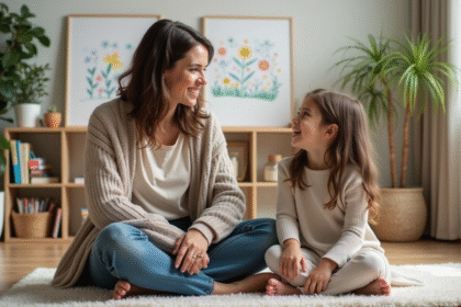 Femme et fille discutent dans un salon chaleureux