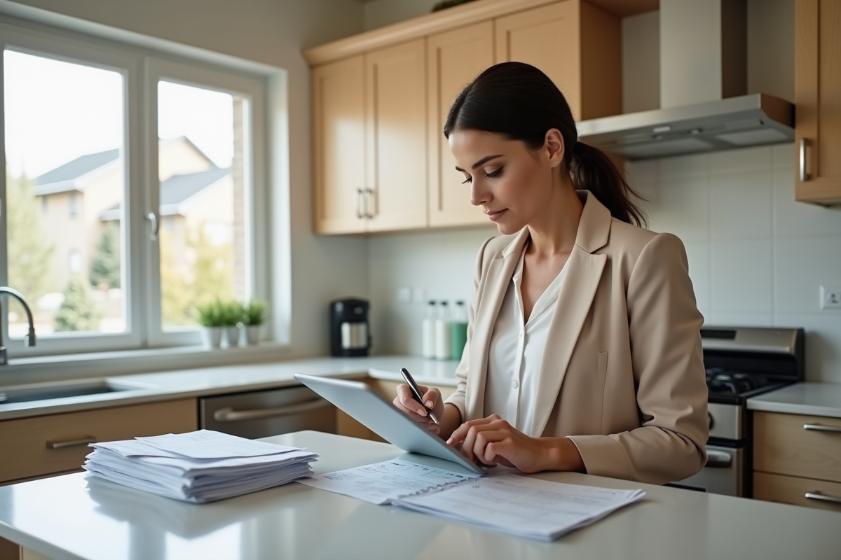 Femme remplissant des formulaires dans une cuisine moderne