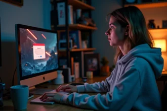 Jeune femme frustrée devant un écran d'erreur de jeu vidéo Les Sims 4 causé par un mod défaillant comme WickedWhims