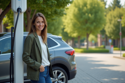 Femme debout à côté d'une voiture hybride dans un environnement urbain