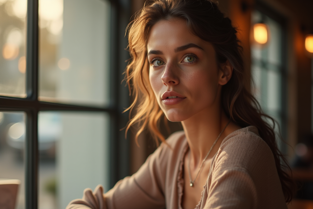 Femme inspirante assise au cafe avec lumiere douce