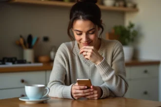 Femme jouant à 4 Images 1 Mot sur smartphone, cherchant un mot de 9 lettres dans une énigme quotidienne