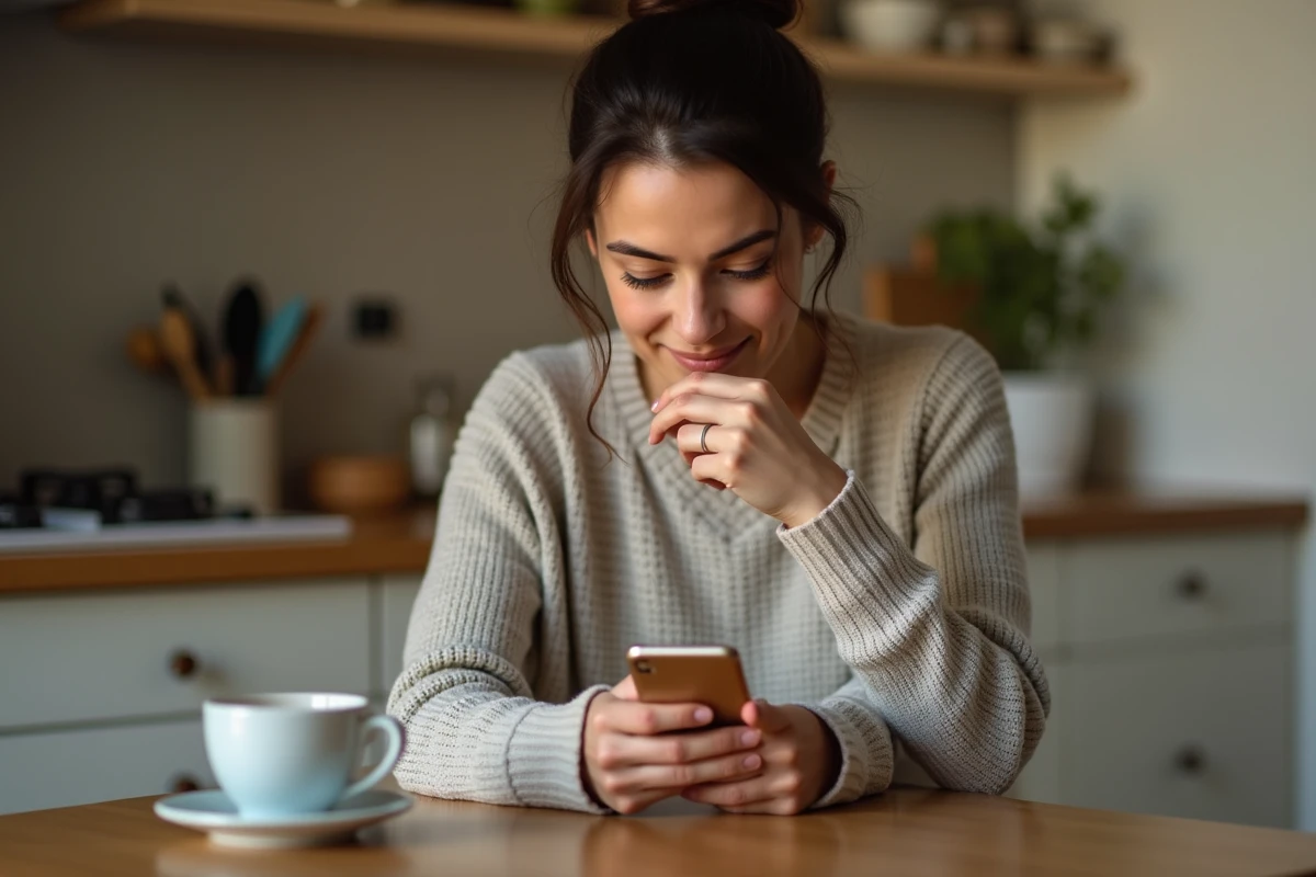 Femme jouant à 4 Images 1 Mot sur smartphone, cherchant un mot de 9 lettres dans une énigme quotidienne