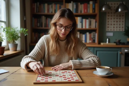Femme concentrée jouant aux mots croises dans la cuisine