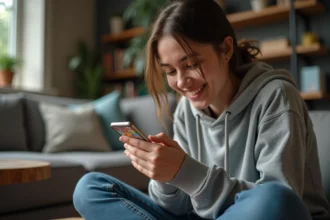 Jeune femme jouant à Monopoly GO sur smartphone dans un salon cosy, regardant l'écran avec enthousiasme