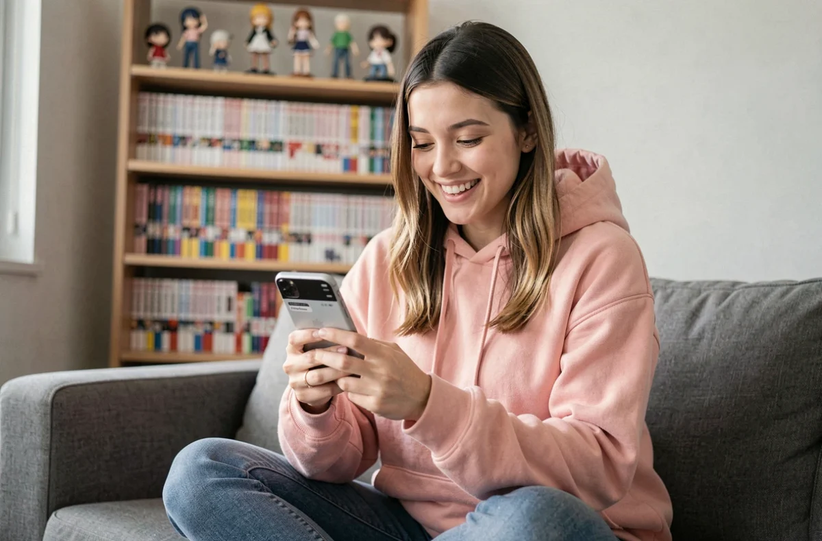 Jeune femme souriante parcourant sa liste d'animés sur smartphone dans un salon décoré de mangas et figurines