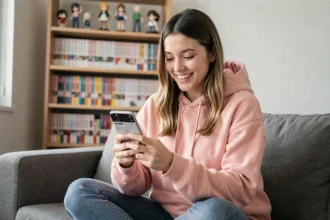 Jeune femme souriante parcourant sa liste d'animés sur smartphone dans un salon décoré de mangas et figurines
