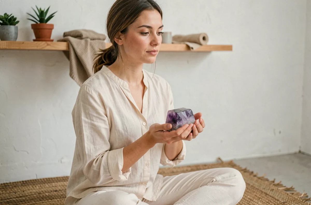Femme tenant une pierre cristal violette dans ses mains en position de méditation, connexion spirituelle avec les pierres colorées