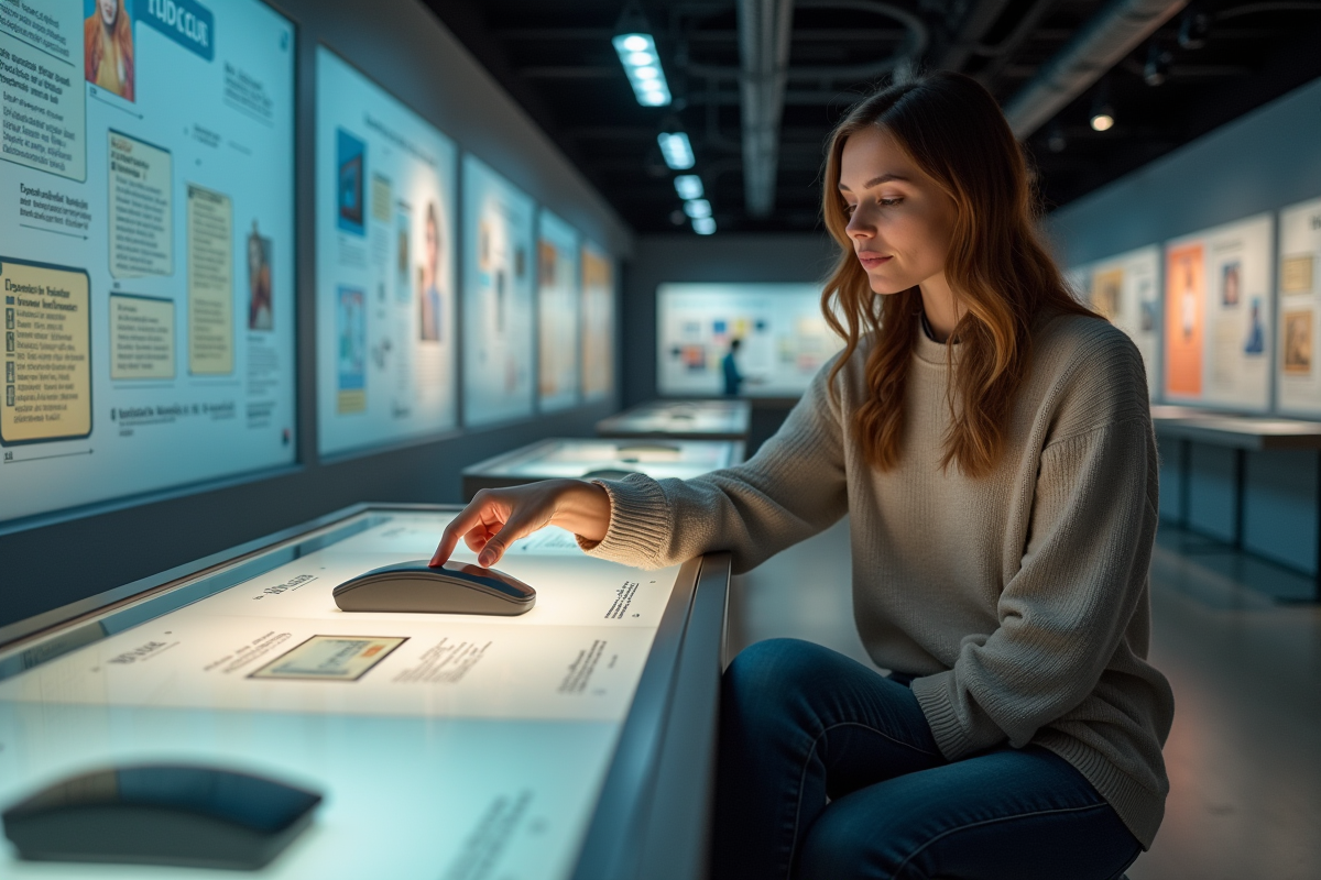 Jeune femme pointant un ordinateur graphique dans une exposition musee