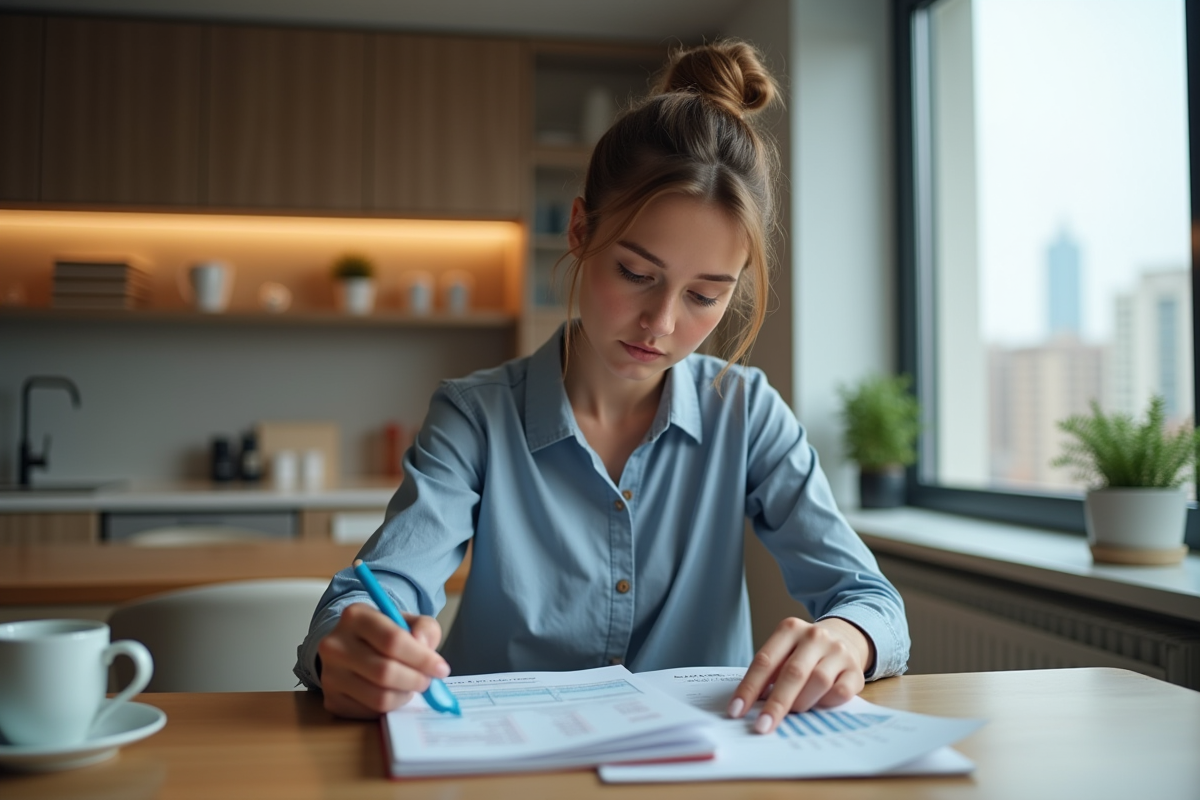 Jeune femme en bureau étudiant des brochures bancaires