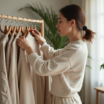 Jeune femme organisant une collection de vêtements dans une chambre minimaliste