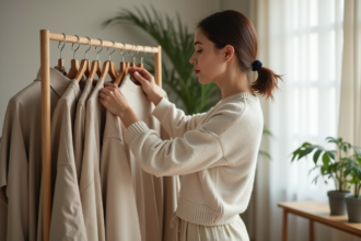 Jeune femme organisant une collection de vêtements dans une chambre minimaliste