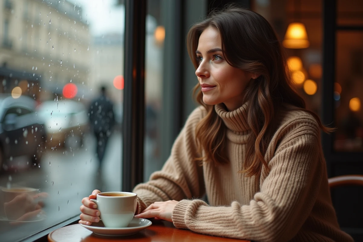 Femme pensive seule dans un café parisien, regard perdu vers la fenêtre sous la pluie, illustrant la solitude et la réflexion émotionnelle dans une relation