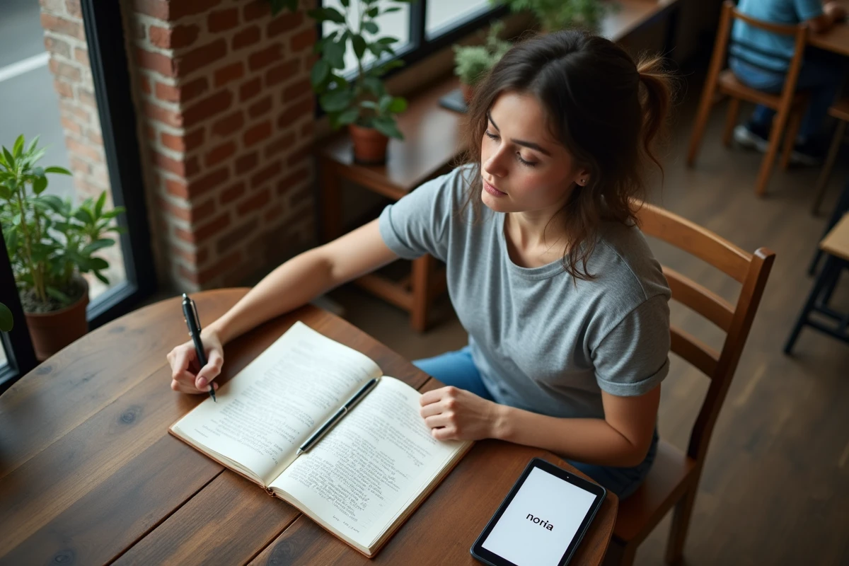 Jeune femme rédigeant des phrases exemples avec le mot noria dans un cahier entouré d'un dictionnaire français et d'une application d'apprentissage