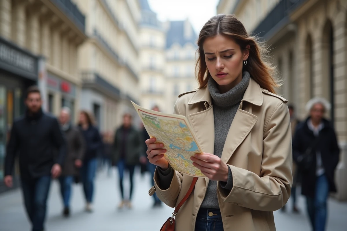 Femme consultant un plan de métro parisien sur le trottoir lors d'une perturbation de la ligne 10