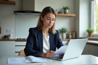 Jeune femme professionnelle compare documents et écran d'ordinateur