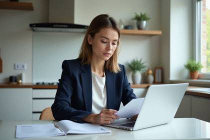 Jeune femme professionnelle compare documents et écran d'ordinateur
