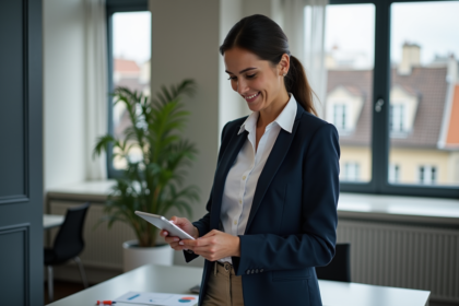 Femme professionnelle à Paris consulte des graphiques d'investissement