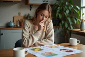Jeune femme réfléchissant à un puzzle dans une cuisine chaleureuse