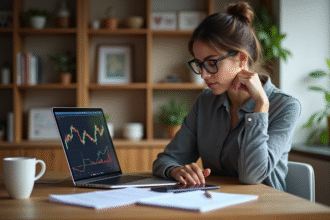 Jeune femme concentrée sur son ordinateur avec graphiques crypto
