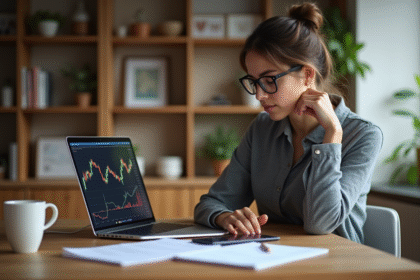 Jeune femme concentrée sur son ordinateur avec graphiques crypto